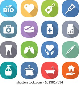 flat vector icon set - bio vector, heart, medical label, crutch, doctor case, pill, pills bottle, tooth, lungs, health care, syringe, liquid soap, hanger, bath, housing