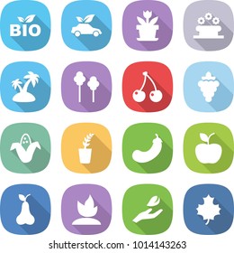 flat vector icon set - bio vector, eco car, flower, bed, island, trees, cherry, grape, corn, seedling, eggplant, apple, pear, sprouting, hand leaf, maple