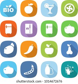 flat vector icon set - bio vector, apple, cocktail, cooler fan, fridge, tomato, lemon, hot pepper, pear, peas, shampoo, wiping