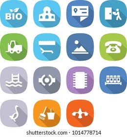 flat vector icon set - bio vector, mansion, location details, courier delivery, fork loader, lounger, landscape, phone, pool, connect, chip, spices, goose, bucket and broom