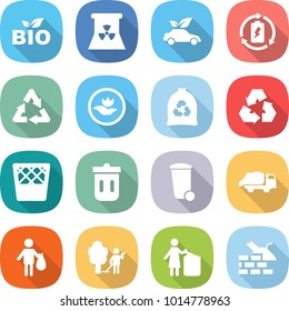 flat vector icon set - bio vector, nuclear power, eco car, battery charge, recycle, ecology, garbage bag, recycling, trash bin, truck, garden cleaning, construct