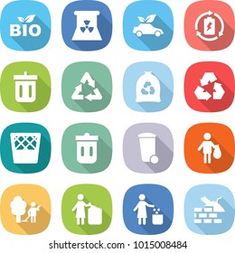 flat vector icon set - bio vector, nuclear power, eco car, battery charge, bin, recycle, garbage bag, recycling, trash, garden cleaning, construct
