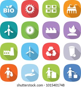 flat vector icon set - bio vector, sun power, panel house, factory, windmill, solar, seedling, sprouting, recycling, trash bin, hand and drop, garbage