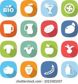 flat vector icon set - bio vector, apple, cocktail, cooler fan, cup, jug, potato, lemon, mushroom, corn, beet, tomato, strawberry, peas, shampoo