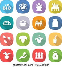 flat vector icon set - bio vector, atom, flower, factory, greenhouse, bed, flour, seeds, mushroom, corn, seedling, beet, hand leaf, grain elevator, fertilizer