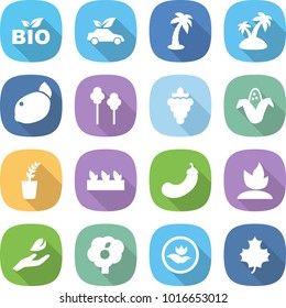 flat vector icon set - bio vector, eco car, palm, island, lemon, trees, grape, corn, seedling, eggplant, sprouting, hand leaf, garden, ecology, maple