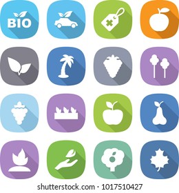 flat vector icon set - bio vector, eco car, medical label, apple, leafs, palm, berry, trees, grape, seedling, pear, sprouting, hand leaf, garden, maple