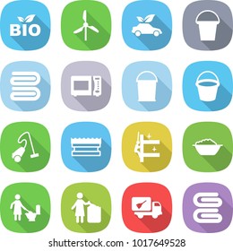 flat vector icon set - bio vector, windmill, eco car, bucket, towel, microwave oven, vacuum cleaner, sponge, skyscrapers cleaning, foam basin, toilet, garbage bin, home call