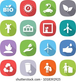 flat vector icon set - bio vector, sun power, electric car, leafs, windmill, greenhouse, flower in window, sprouting, hand leaf, drop, recycling, trash bin, garbage