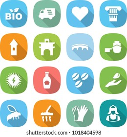 flat vector icon set - bio vector, delivery, heart, column, tower, arch, bridge, port, solar power, ketchup, coffee seeds, hand leaf, wasp, vacuum cleaner, gloves