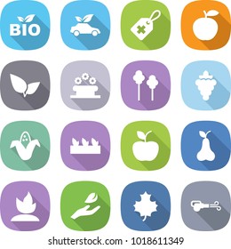 flat vector icon set - bio vector, eco car, medical label, apple, leafs, flower bed, trees, grape, corn, seedling, pear, sprouting, hand leaf, maple, blower