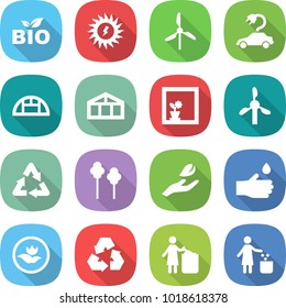 flat vector icon set - bio vector, sun power, windmill, electric car, greenhouse, flower in window, recycle, trees, hand leaf, drop, ecology, recycling, garbage bin