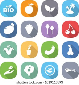 flat vector icon set - bio vector, apple, leafs, island, lemon, berry, trees, cherry, corn, seedling, eggplant, pear, hand leaf, garden, ecology, blower