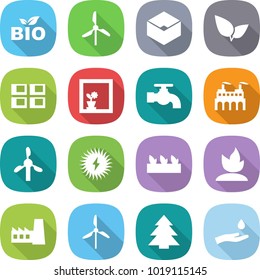 flat vector icon set - bio vector, windmill, box, leafs, panel house, flower in window, water tap, factory, solar power, seedling, sprouting, spruce, hand and drop