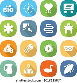 flat vector icon set - bio vector, lightning, cardio chip, delivery, ambulance star, sperm, intestines, arch, modern architecture, jellyfish, solar power, colander, jug, field, goose, bug