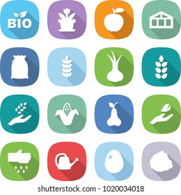 flat vector icon set - bio vector, flower, apple, greenhouse, flour, spike, onion, harvest, corn, pear, hand leaf, sow, watering can, egg, pile of garbage