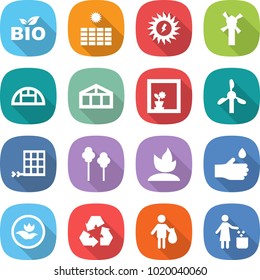 flat vector icon set - bio vector, sun power, windmill, greenhouse, flower in window, solar panel, trees, sprouting, hand drop, ecology, recycling, trash, garbage bin