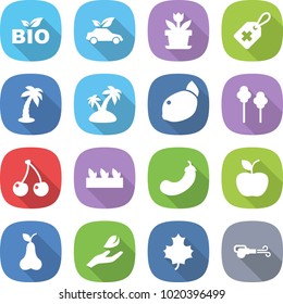 flat vector icon set - bio vector, eco car, flower, medical label, palm, island, lemon, trees, cherry, seedling, eggplant, apple, pear, hand leaf, maple, blower