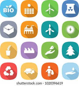 flat vector icon set - bio vector, sun power, windmill, nuclear, box, factory, solar, seedling, hand leaf, spruce, recycling, trash truck, and drop