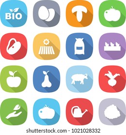 flat vector icon set - bio vector, eggs, mushroom, tomato, beans, field, flour, seedling, apple, pear, sheep, beet, hand leaf, watering can, pile of garbage