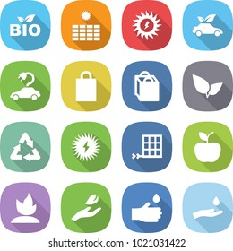 flat vector icon set - bio vector, sun power, eco car, electric, shopping bag, leafs, recycle, solar, panel, apple, sprouting, hand leaf, drop, and