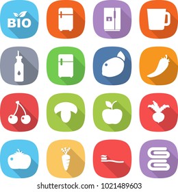 flat vector icon set - bio vector, fridge, cup, vegetable oil, lemon, hot pepper, cherry, mushroom, apple, beet, tomato, carrot, tooth brush, towel