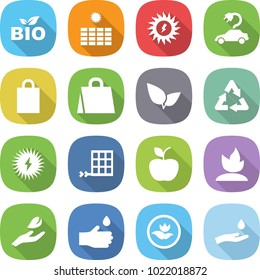 flat vector icon set - bio vector, sun power, electric car, shopping bag, leafs, recycle, solar, panel, apple, sprouting, hand leaf, drop, ecology, and