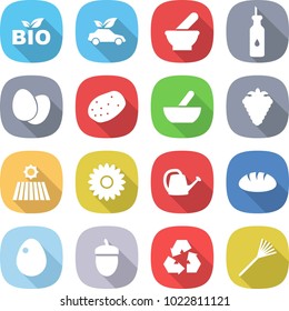 flat vector icon set - bio vector, eco car, mortar, vegetable oil, eggs, potato, berry, field, flower, watering can, bread, egg, acorn, recycling, rake