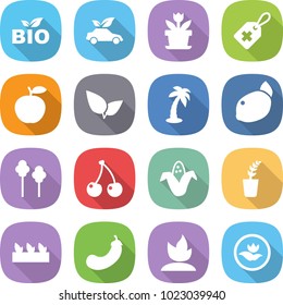 flat vector icon set - bio vector, eco car, flower, medical label, apple, leafs, palm, lemon, trees, cherry, corn, seedling, eggplant, sprouting, ecology