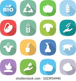 flat vector icon set - bio vector, recycle, tomato, spike, beans, mushroom, harvest, corn, seedling, pear, sheep, sprouting, hand leaf, pile of garbage