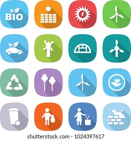 flat vector icon set - bio vector, sun power, windmill, eco car, greenhouse, recycle, trees, ecology, trash bin, garbage, construct