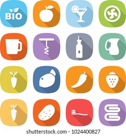 flat vector icon set - bio vector, apple, cocktail, cooler fan, cup, corkscrew, vegetable oil, jug, carrot, lemon, hot pepper, strawberry, potato, tooth brush, towel