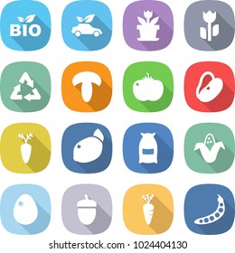 flat vector icon set - bio vector, eco car, flower, perishable, recycle, mushroom, tomato, beans, carrot, lemon, flour, corn, egg, acorn, peas