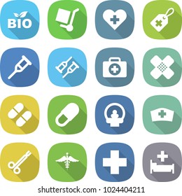 flat vector icon set - bio vector, cargo stoller, heart cross, medical label, crutch, doctor case, patch, pill, tomography, hat, surgical clamp, ambulance sign, hospital