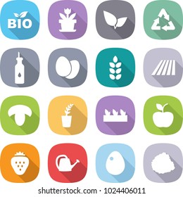 flat vector icon set - bio vector, flower, leafs, recycle, vegetable oil, eggs, spike, field, mushroom, seedling, apple, strawberry, watering can, egg, pile of garbage