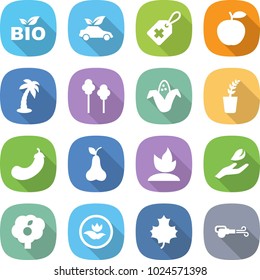 flat vector icon set - bio vector, eco car, medical label, apple, palm, trees, corn, seedling, eggplant, pear, sprouting, hand leaf, garden, ecology, maple, blower