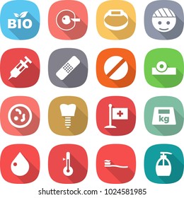 flat vector icon set - bio vector, cell corection, smart bracelet, bandaged head, syringe, medical patch, pill, reflector, microbe, tooth implant, flag, heavy, drop, thermometer, brush, liquid soap