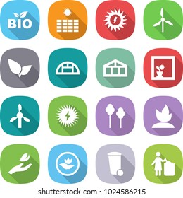 flat vector icon set - bio vector, sun power, windmill, leafs, greenhouse, flower in window, solar, trees, sprouting, hand leaf, ecology, trash bin, garbage