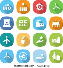flat vector icon set - bio vector, sun power, windmill, nuclear, panel house, factory, seedling, hand leaf, ecology, and drop, garbage bin