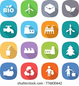 flat vector icon set - bio vector, windmill, box, leafs, water tap, factory, seedling, spruce, hand drop, recycling, trash, garbage bin