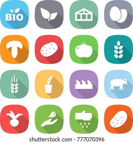 flat vector icon set - bio vector, leafs, greenhouse, eggs, mushroom, potato, tomato, spike, seedling, sheep, beet, hand leaf, sow