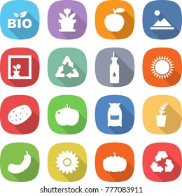 flat vector icon set - bio vector, flower, apple, landscape, in window, recycle, vegetable oil, gas oven, potato, tomato, flour, seedling, eggplant, pumpkin, recycling