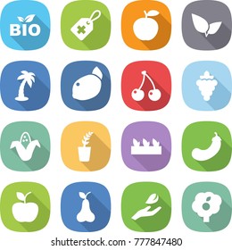flat vector icon set - bio vector, medical label, apple, leafs, palm, lemon, cherry, grape, corn, seedling, eggplant, pear, hand leaf, garden