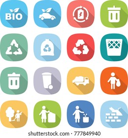 flat vector icon set - bio vector, eco car, battery charge, bin, recycle, garbage bag, recycling, trash, truck, garden cleaning, construct