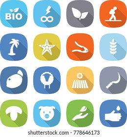 flat vector icon set - bio vector, infinity power, leafs, tourist, palm, starfish, walnut crack, spike, lemon, sheep, field, sickle, mushroom, pig, hand leaf, drop