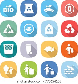 flat vector icon set - bio vector, nuclear power, eco car, battery charge, recycle, ecology, garbage bag, recycling, trash bin, truck, garden cleaning, construct