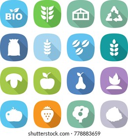 flat vector icon set - bio vector, spikelets, greenhouse, recycle, flour, spike, coffee seeds, mushroom, apple, pear, sprouting, tomato, strawberry, garden, pile of garbage