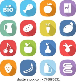 flat vector icon set - bio vector, chicken leg, apple, fridge, jug, potato, carrot, lemon, cherry, pear, beet, strawberry, peas, shampoo, towel
