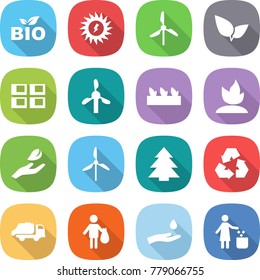 flat vector icon set - bio vector, sun power, windmill, leafs, panel house, seedling, sprouting, hand leaf, spruce, recycling, trash truck, and drop, garbage bin