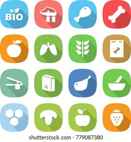 flat vector icon set - bio vector, factory filter, chicken leg, bone, apple, lungs, spikelets, roentgen, garlic clasp, cereals, mortar, honeycombs, mushroom, strawberry